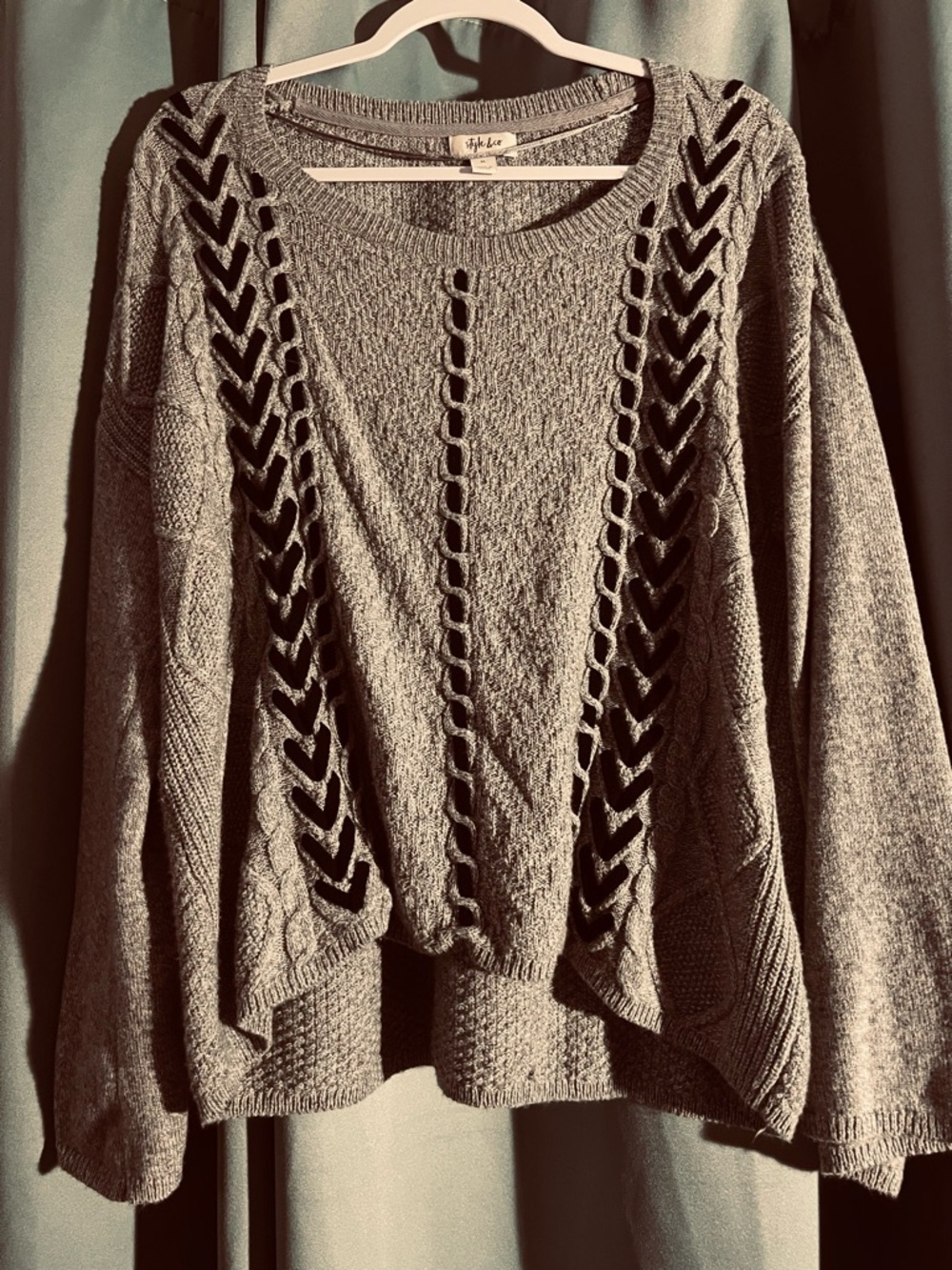 Style & Co. Open-Knit Semi-Crop Crewneck Sweater w/ Bell Sleeves Gray Black XL